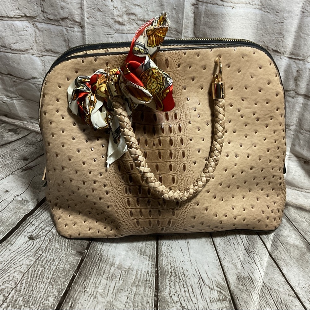 Elegant Tan Women's Faux Ostrich Satchel Handbag with Scarf Accent